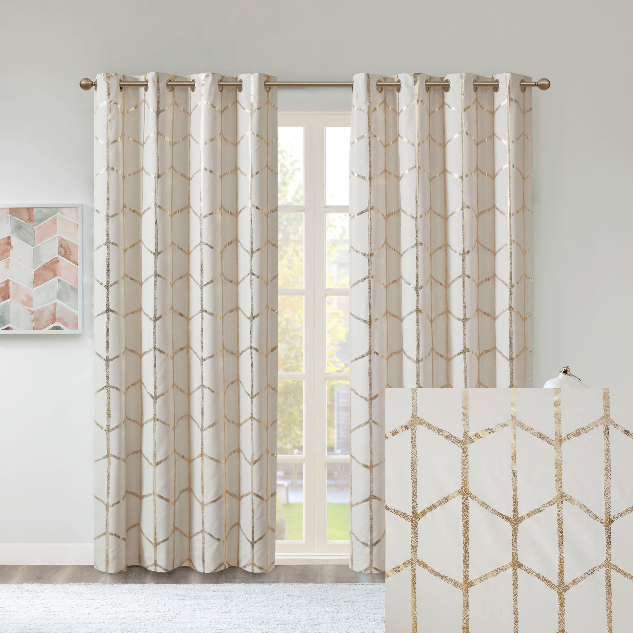 Raina - 63" Total Blackout Metallic Print Grommet Top Curtain Panel - Ivory / Gold