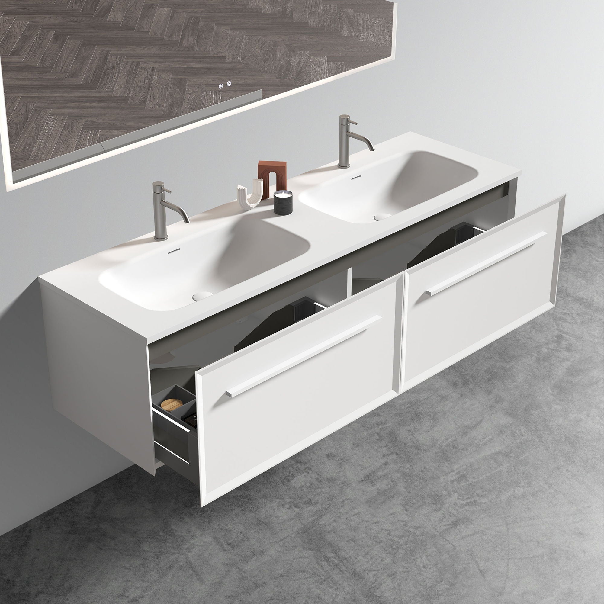 U052-Nevia60W-206 Nevia Bathroom Vanity With Automatic LED Drawer Light, Wall Mounted Bathroom Vanity With Integrated Solid Surface Sink, Without Drain - Snow White