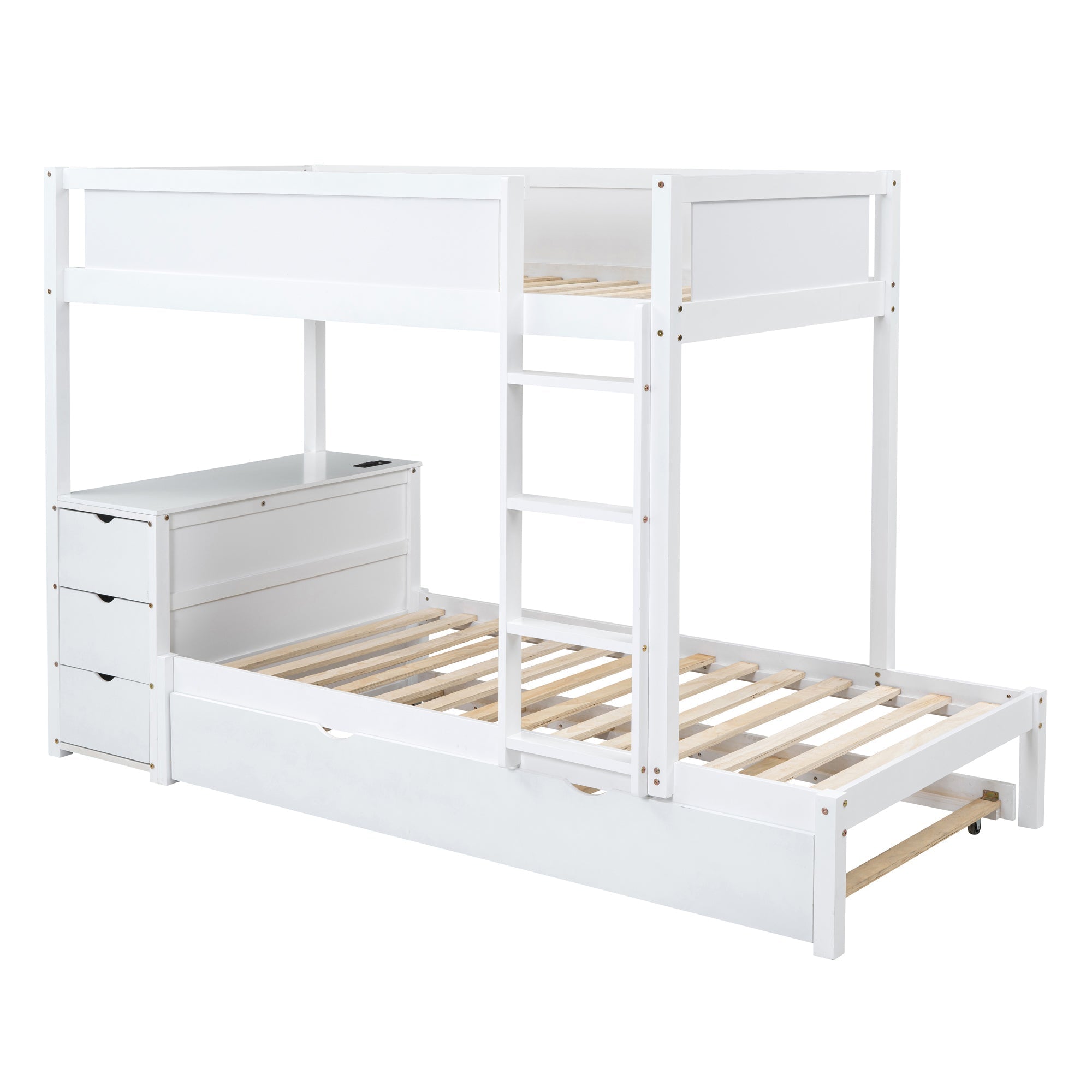 Twin-Over-Twin Bunk Bed with Twin size Trundle, Storage and Desk, White