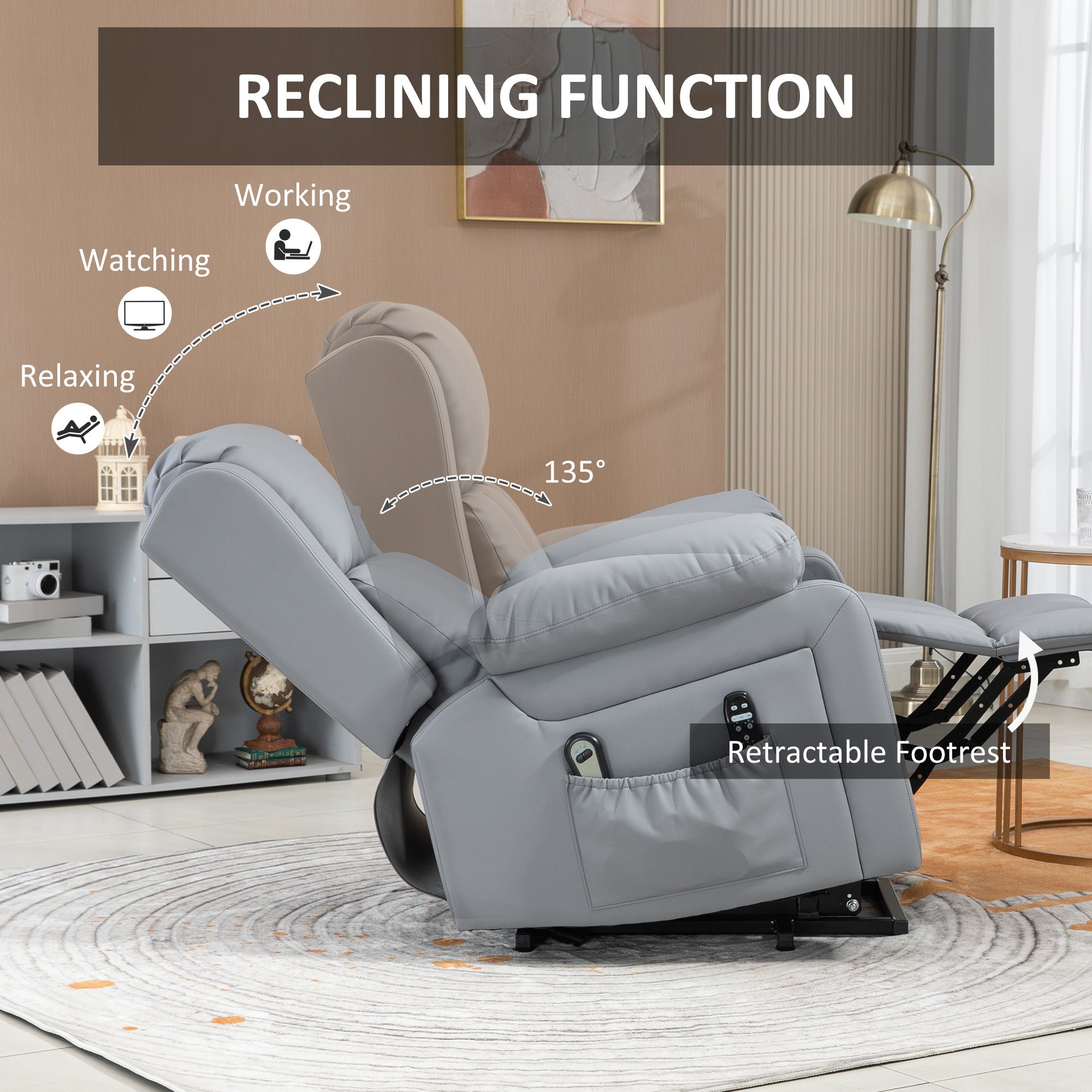 HOMCOM Electric Power Lift Recliner Chair, PU Leather Reclining Chair with Vibration Massage, Heated, Remote Control, Side Pockets, for Elderly, Gray