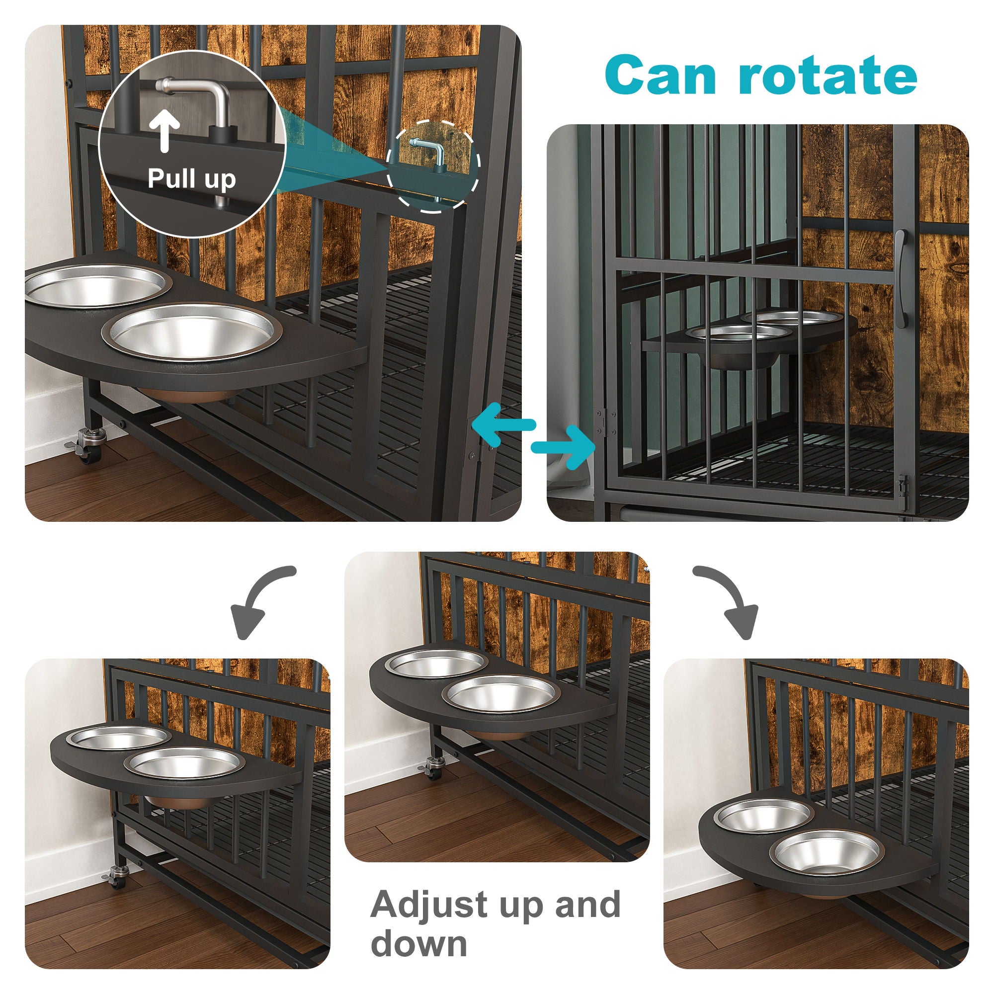 Modern Kennel Dogs Room Up To 60 Lb, Dog Crate Furniture With Multi-Purpose Rremovable Ttray, Double-Door Dog House, Lift Panel, 360 Degree Rotation, 3 Height Adjustable Feeding Bowls