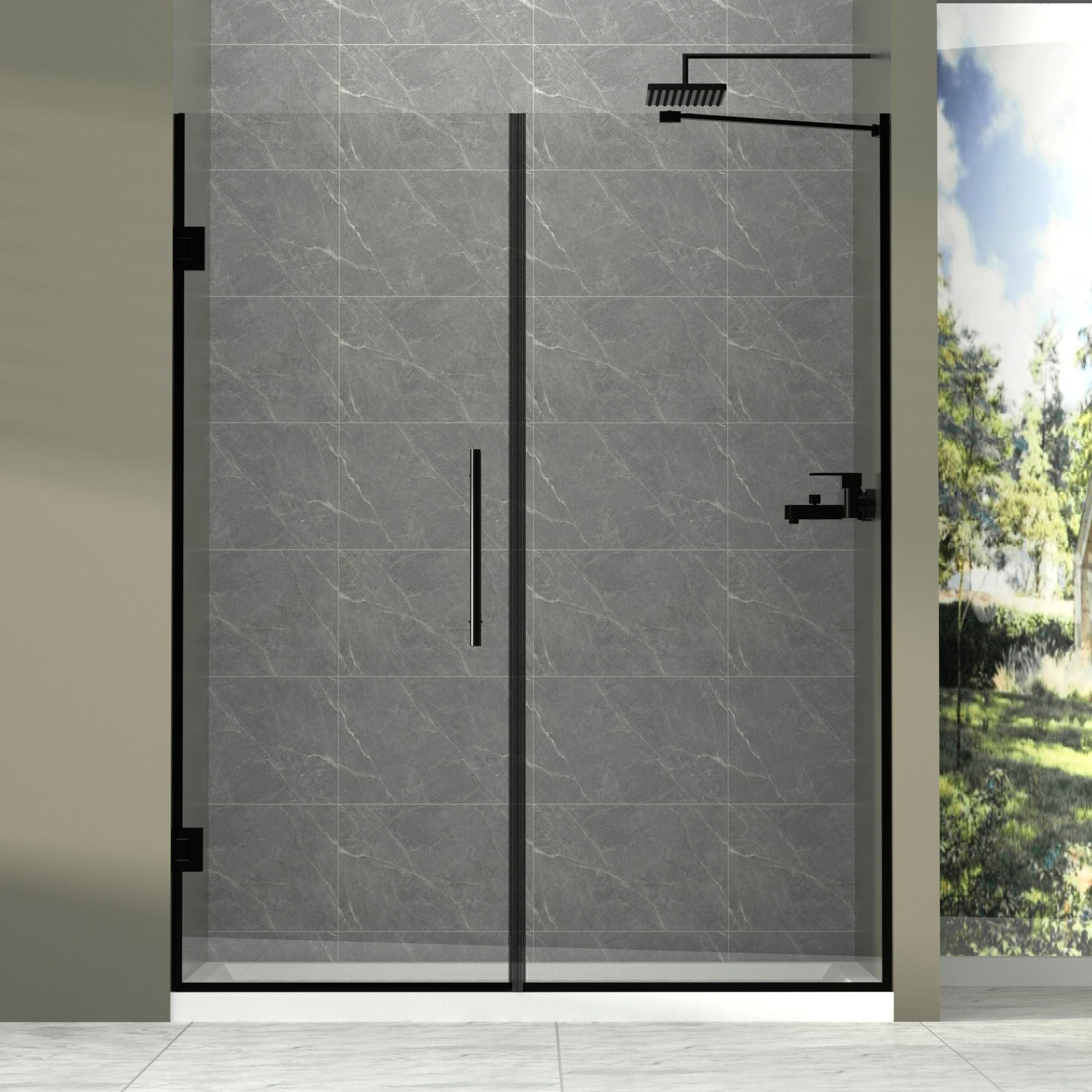 Semi-Frameless Double Hinges Shower Door In Matte , Tempered Glass, Reversible Installation - Black