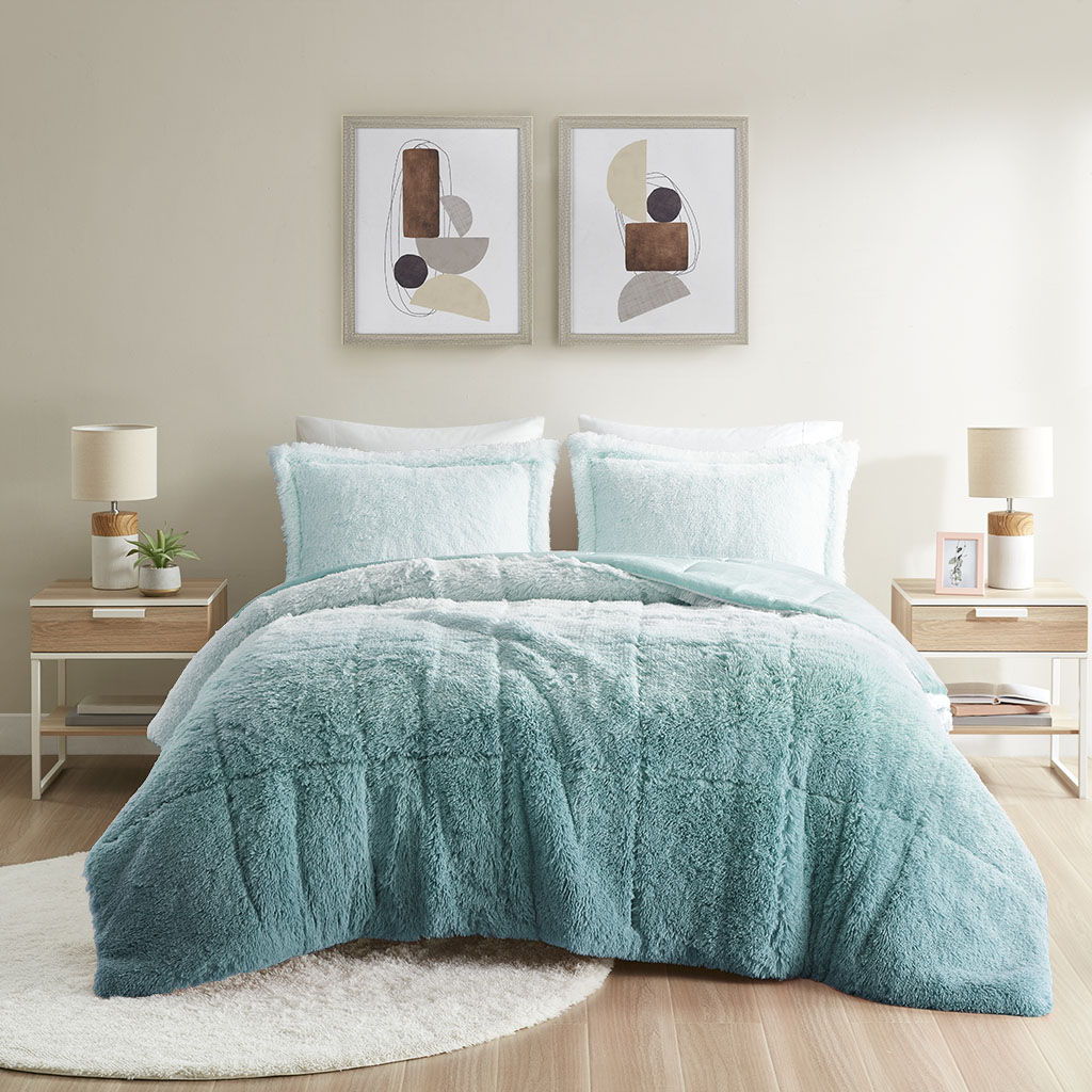 Brielle - Ombre Shaggy Long Comforter Mini Set - Blue