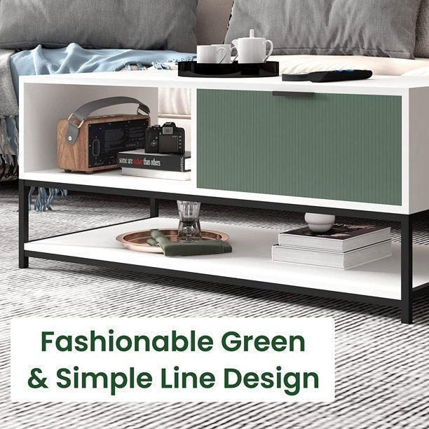 Watson 39" White and Green Wood Coffee Table Steel Frame with Shelves and Drawer