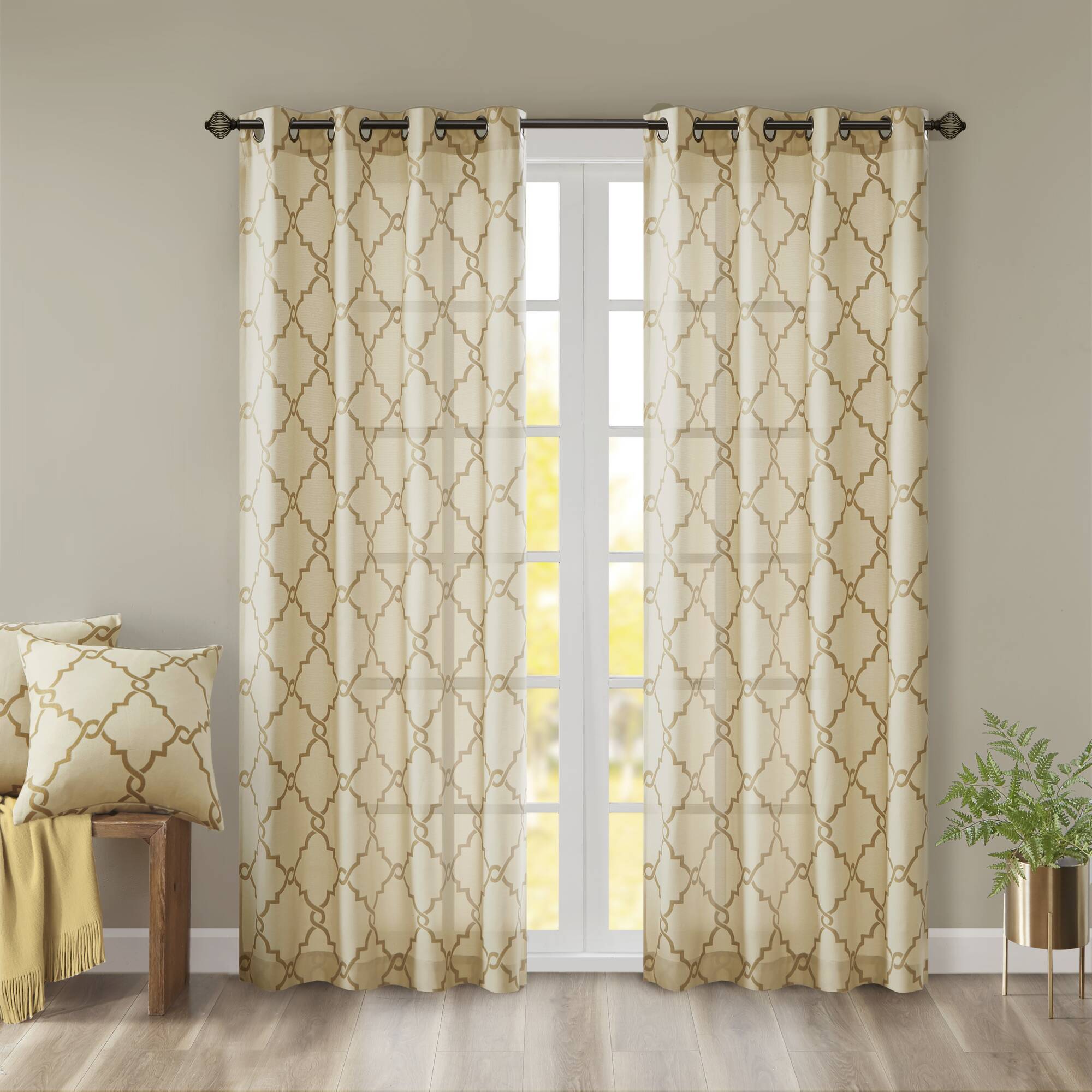 Saratoga - 108" Fretwork Print Grommet Top Window Curtain - Beige / Gold