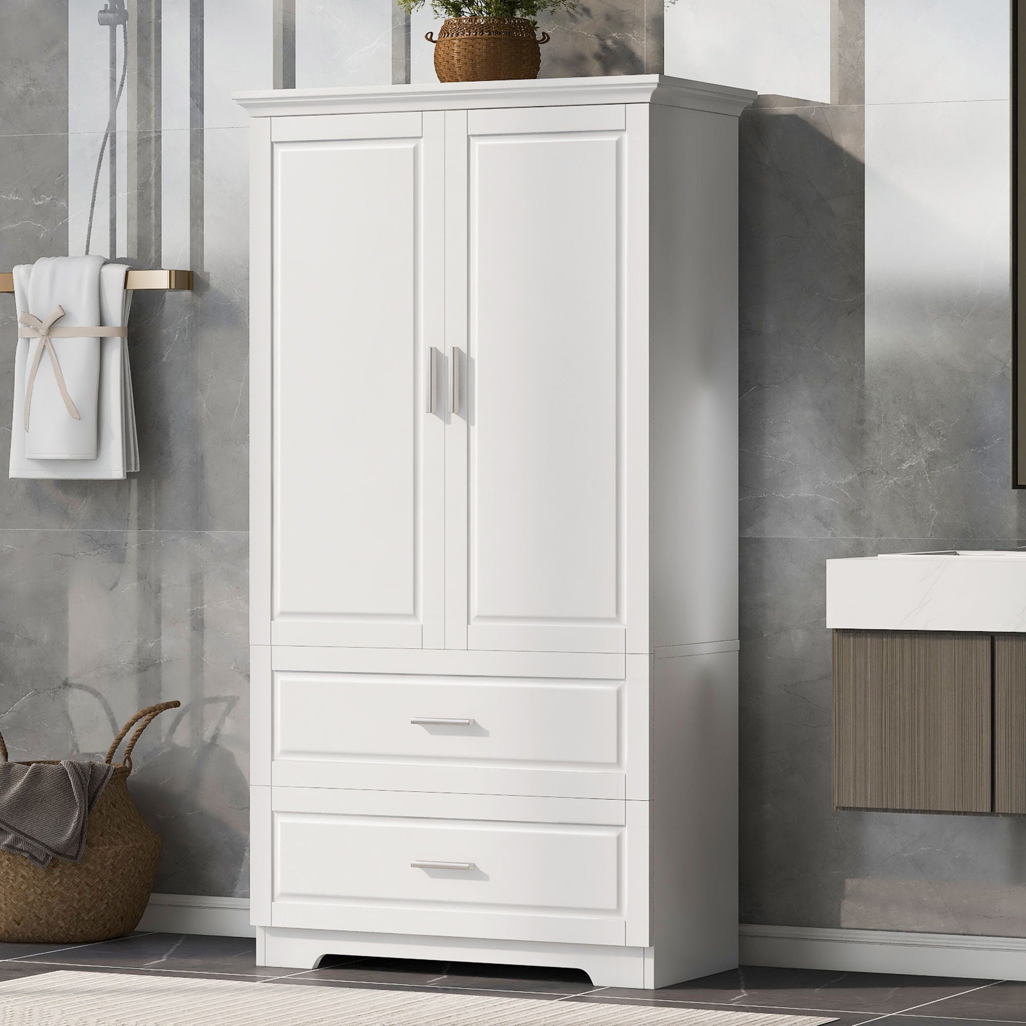 Tall Bathroom Storage Cabinet, With Two Doors And Drawers, Adjustable Shelf, MDF Board - White