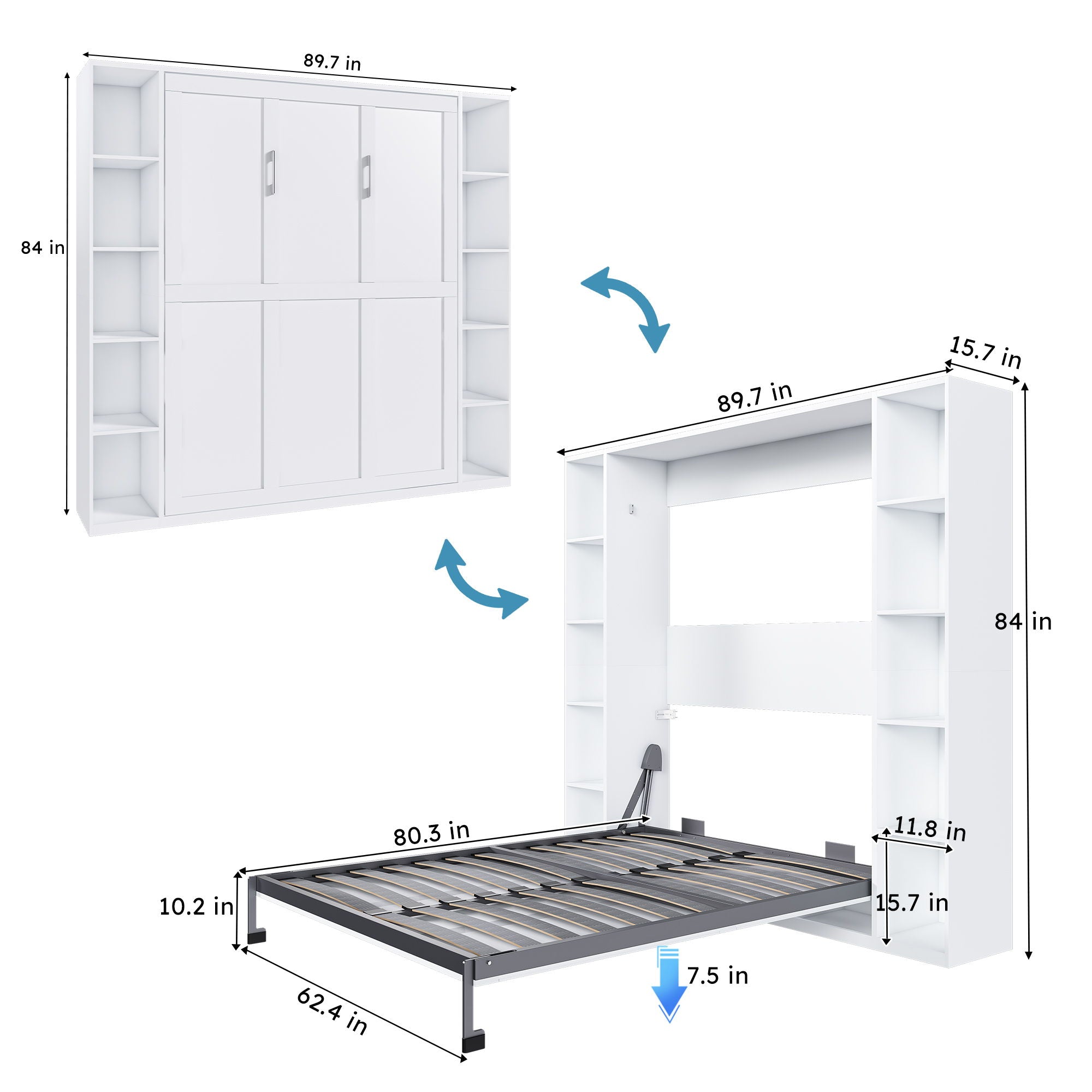 Queen Murphy Bed With Storage Cabinet - White