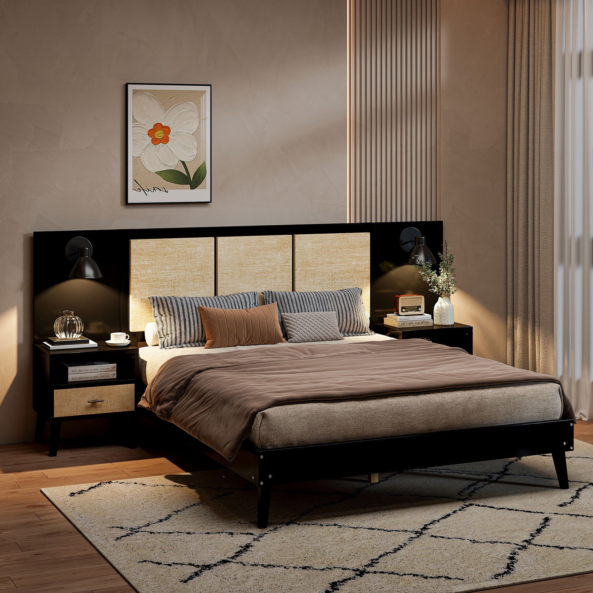 Solid Wood Bed Frame With 2 Nightstands, Elegant Design With Lamps, Rattan And Wood Combination