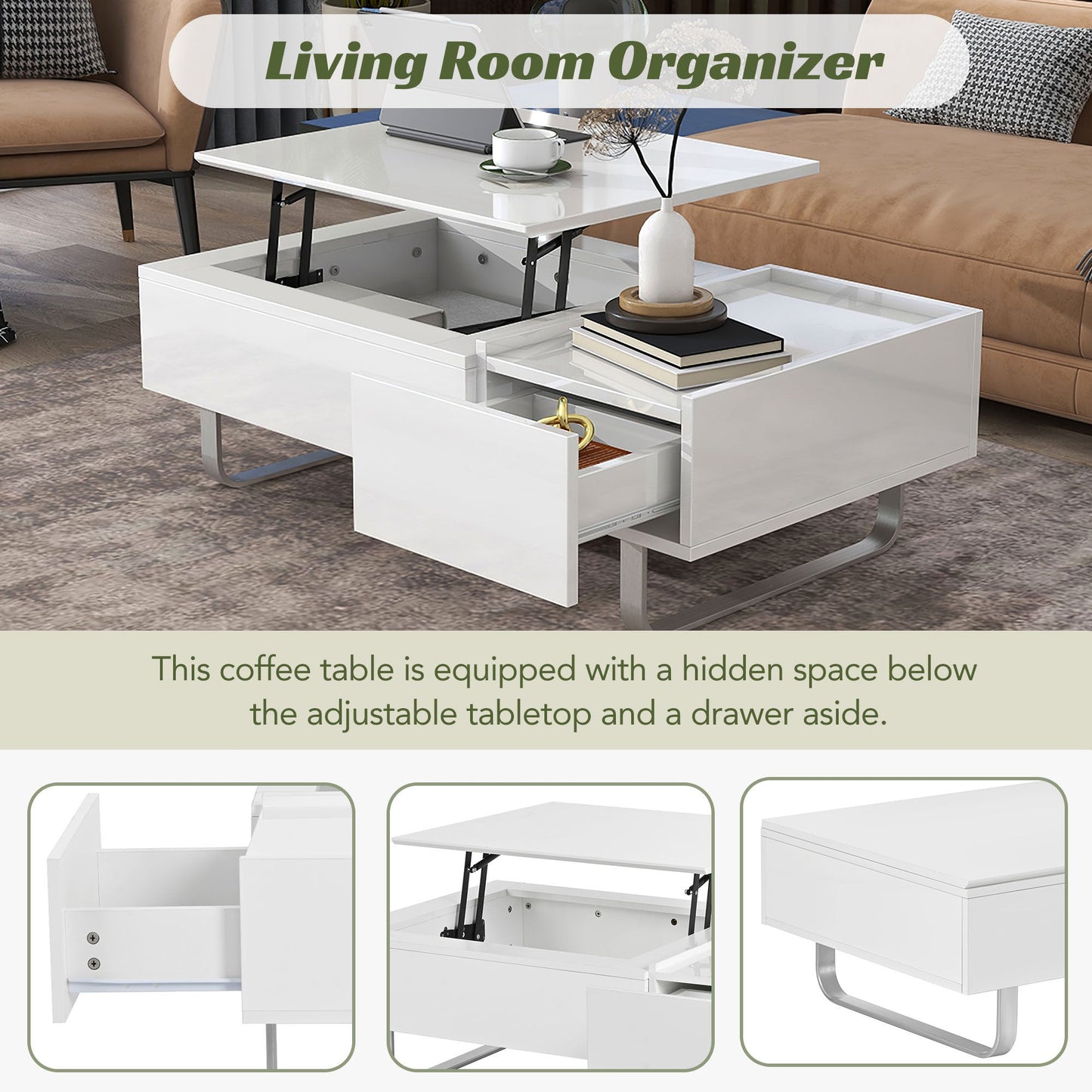 Multi-functional Coffee Table with Lifted Tabletop, Contemporary Cocktail Table with Metal Frame Legs, High-gloss Surface Dining Table for Living Room, White