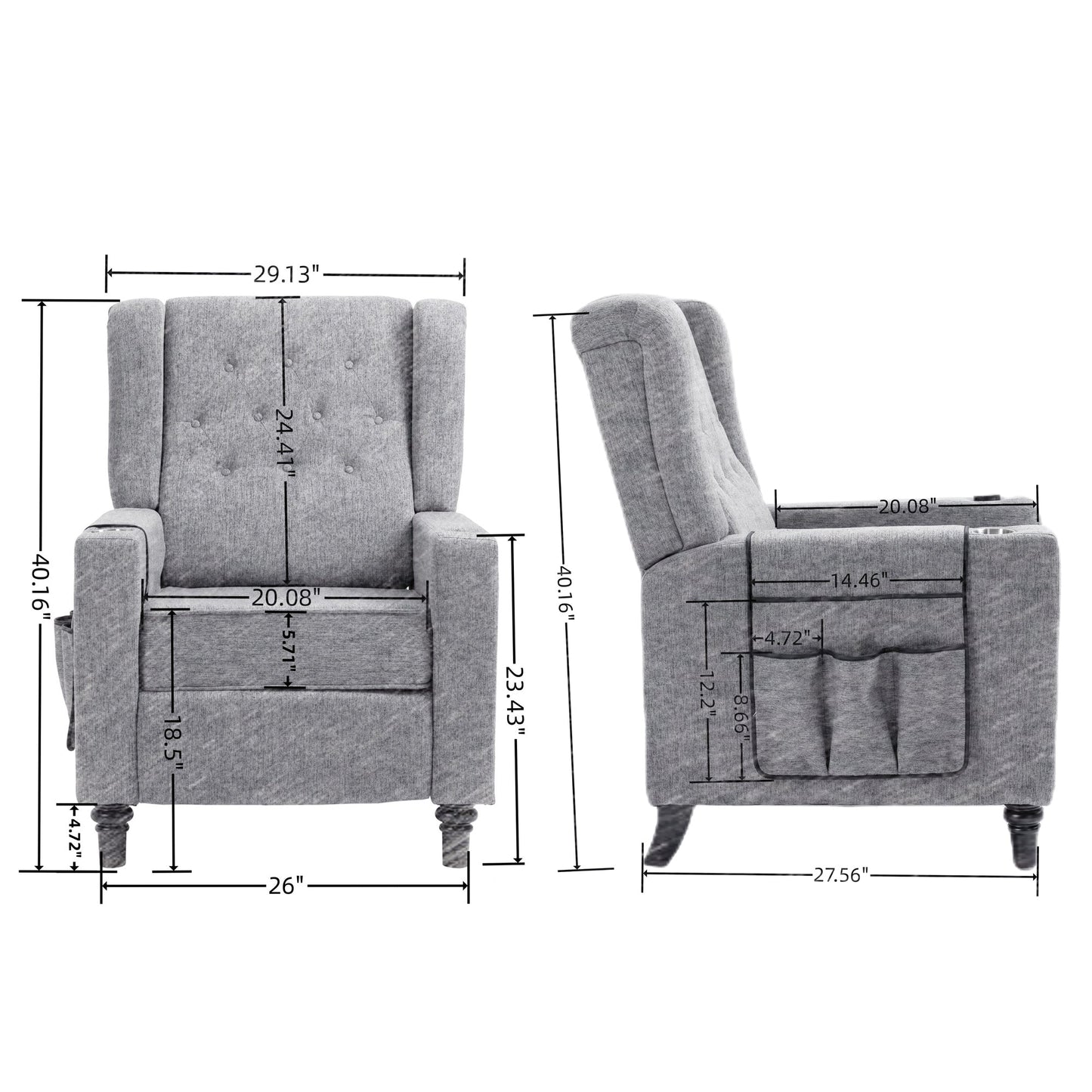 Arm Pushing Recliner Chair, Modern Button Tufted Wingback Push Back Recliner Chair, Living Room Chair Fabric Pushback Manual Single Reclining Sofa Home Theater Seating for Bedroom,Light Gray