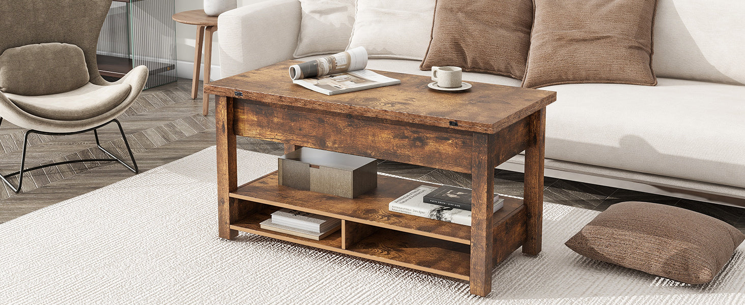 Lift Top Coffee Table, Multi-Functional Coffee Table with Open Shelves, Modern Lift Tabletop Dining Table for Living Room, Home Office, Rustic Brown