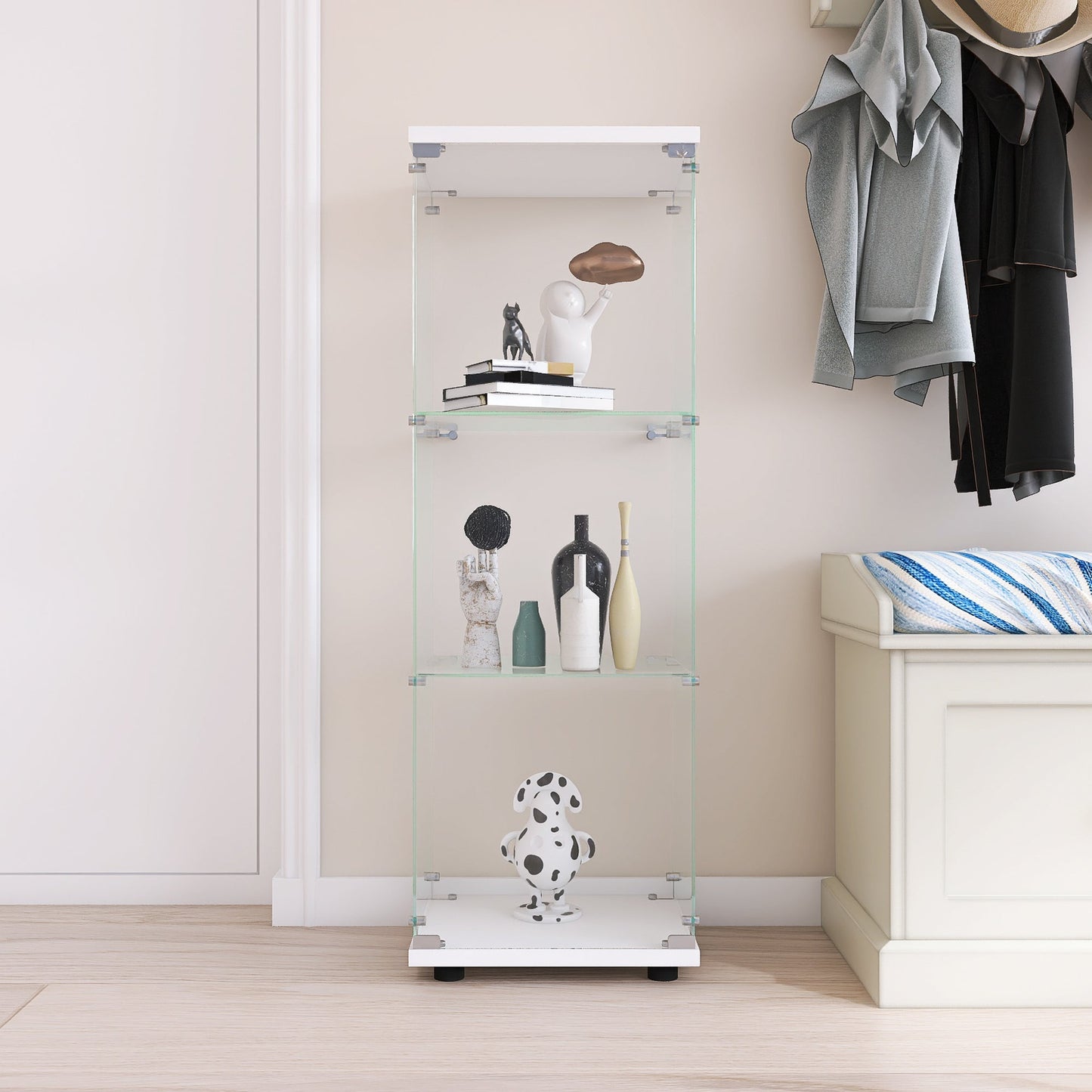 Glass Display Cabinet with 3 Shelves, One-Door Curio Cabinets for Living Room, Bedroom, Office, White Floor Standing Glass Bookshelf, Quick Installation