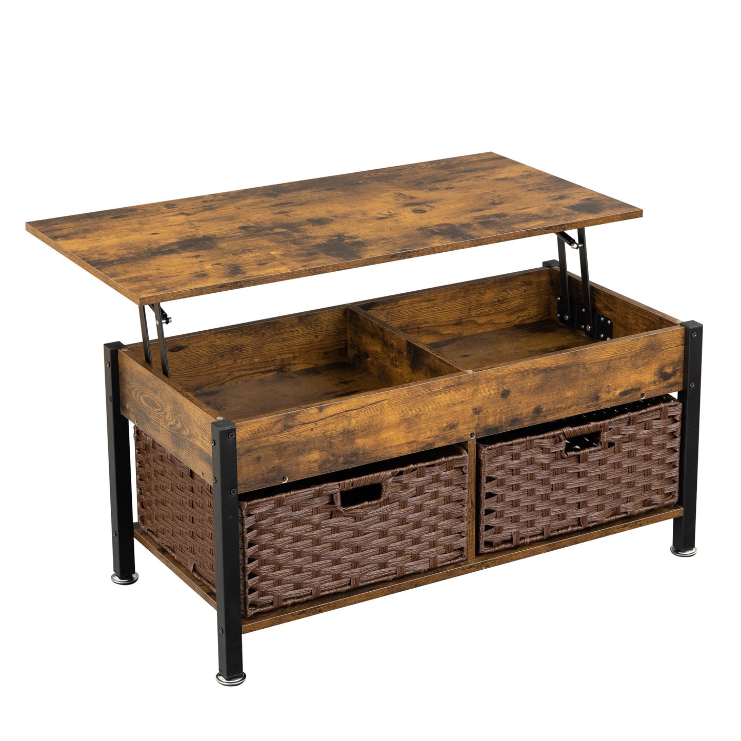 Metal coffee table,desk,with a lifting table,and hidden storage space.There were two removable wicker baskets that could be placed in any space such as the living room,color:brown with fire wood grain