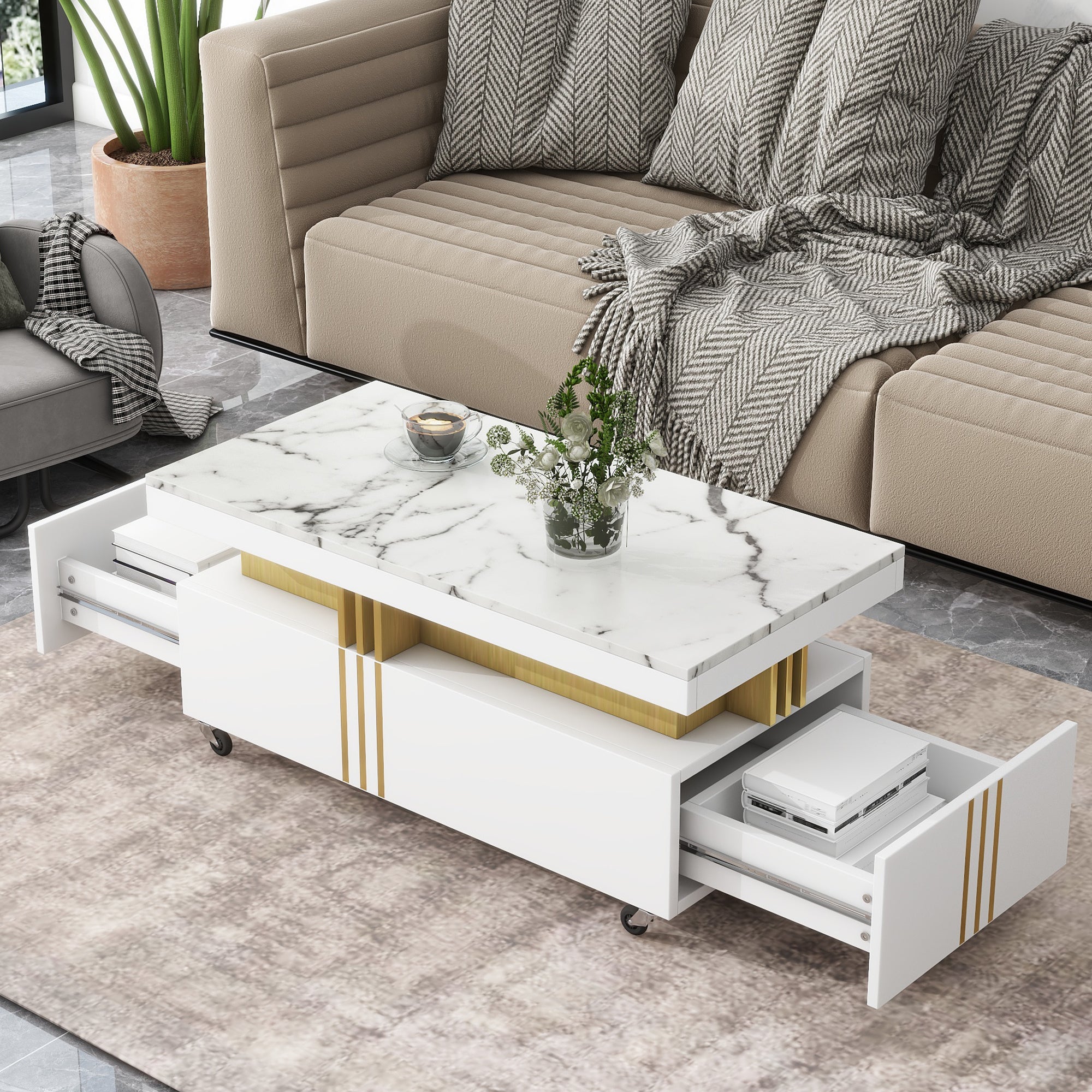 Contemporary Coffee Table with Faux Marble Top, Rectangle Cocktail Table with Caster Wheels, Moderate Luxury Center Table with Gold Metal Bars for Living Room, White