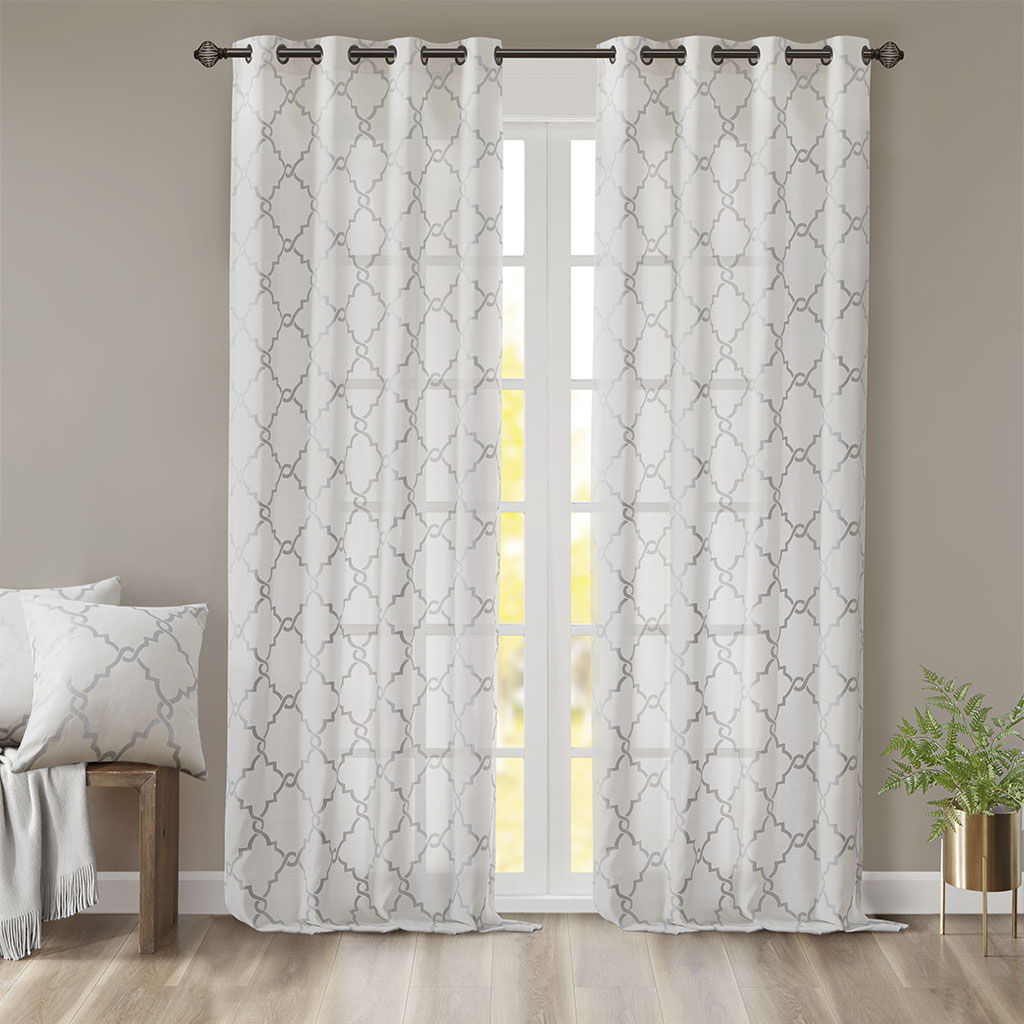 Saratoga - 84" Fretwork Print Grommet Top Window Curtain - Ivory