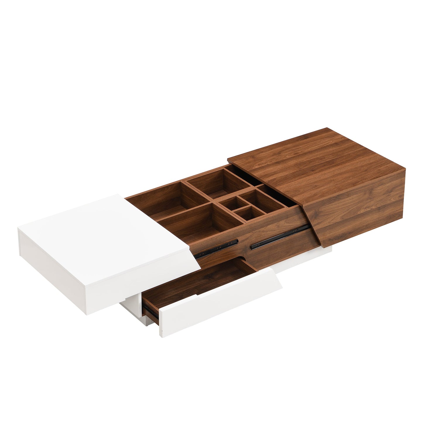 Modern Extendable Sliding Top Coffee Table with Storage in White&Walnut