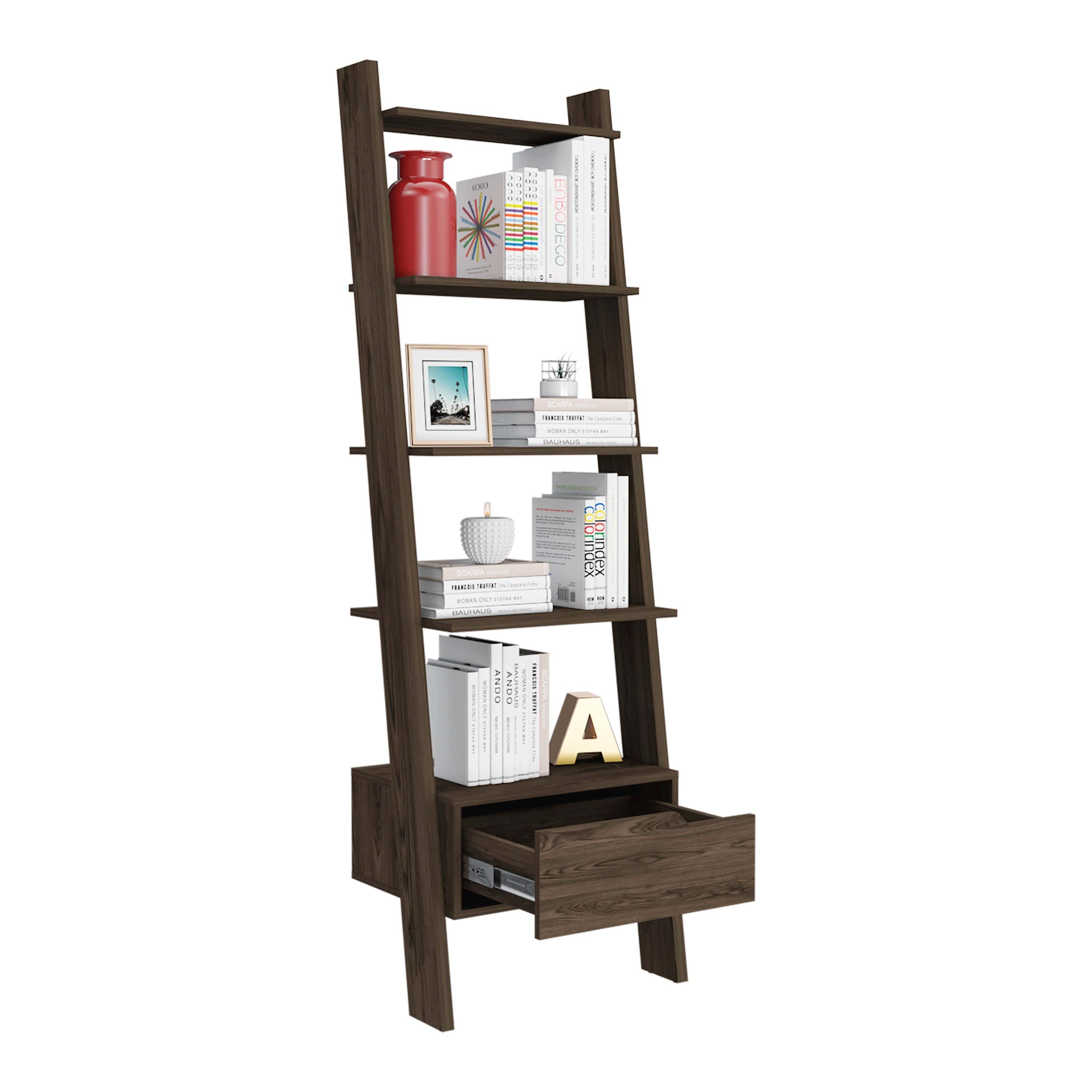 DEPOT E-SHOP Kobe Ladder Bookcase, One Drawer, Five Open Shelves, Dark Walnut