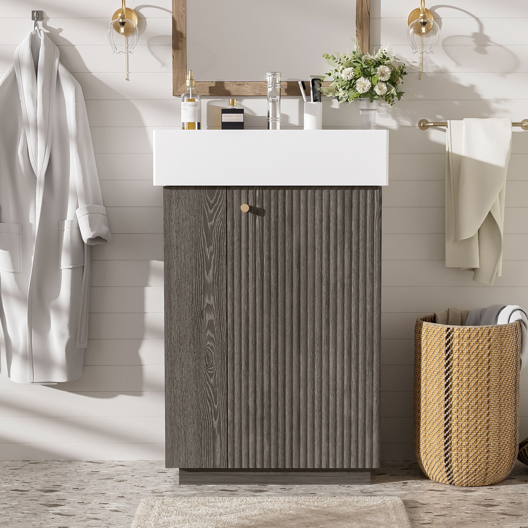 Bathroom Vanity With Sink, Freestanding Wood Grain Cabinet With Storage